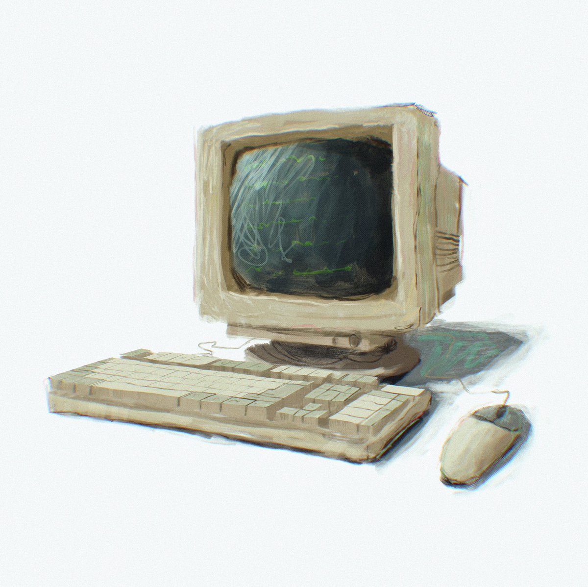 dadozilla's tweet photo. Been trying to branch out and get used to painting more of the things I tend to avoid, like man made objects, props, urban environments, etc. Here’s an old CRT monitor + keyboard + mouse + timelapse of the process #visdev #conceptart https://t.co/RT68r8mK3J
