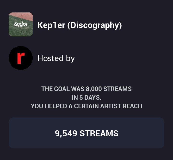 Great job, Kep1ians! We reached almost 10K streams in 5 days! 👏 Our streaming parties will continue until the comeback day so don't forget to join us 😊

Here is the new link!
🔗 ren.fm/P9a34wywmrez6C…

#Kep1er #케플러
#Kep1er_Streaming_Party