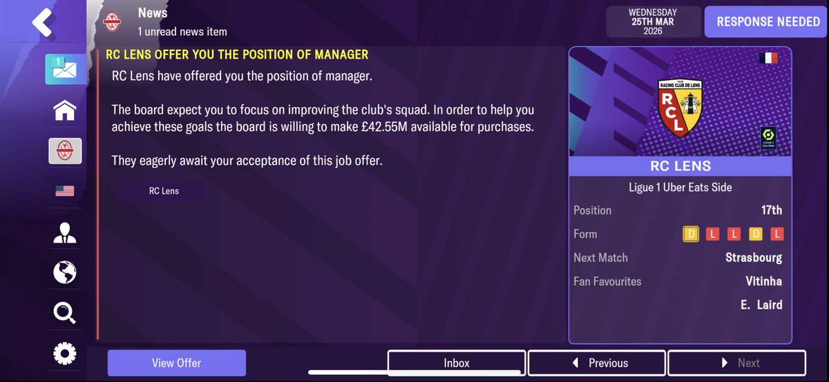 Mr_ManagerFM's tweet photo. 📣  ANNOUNCMENT  📣
MM makes the move! After a 5th place finish at Huracán, RC Lens has seen fit to call him up in a desperate attempt save them from relegation! Just 7 games left and second from the bottom, MM is confident they can avoid the drop! #FM23 #FootballManager https://t.co/PPnqoavGhL