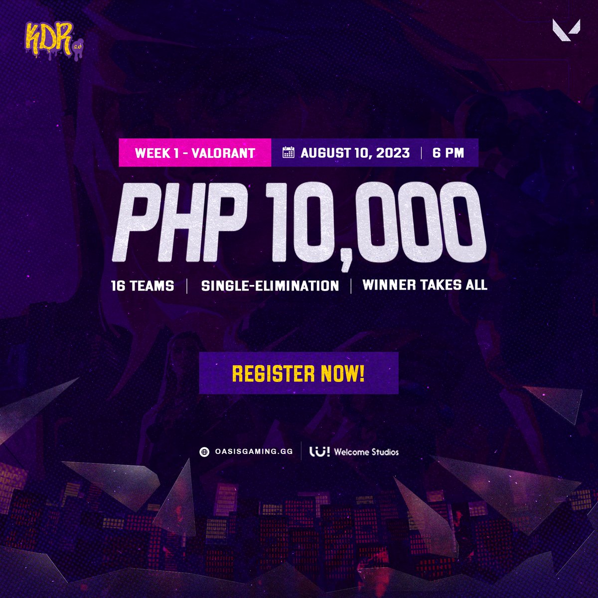 Time to break the limits 

Step up your game and join the KDR weekly tournament series! For Week 1, it's going to be VALORANT. 16 teams, PHP 10,000, Winner takes all. First come, first served for registration. 

P.S. Did we mention if you join our tournament series weekly, you