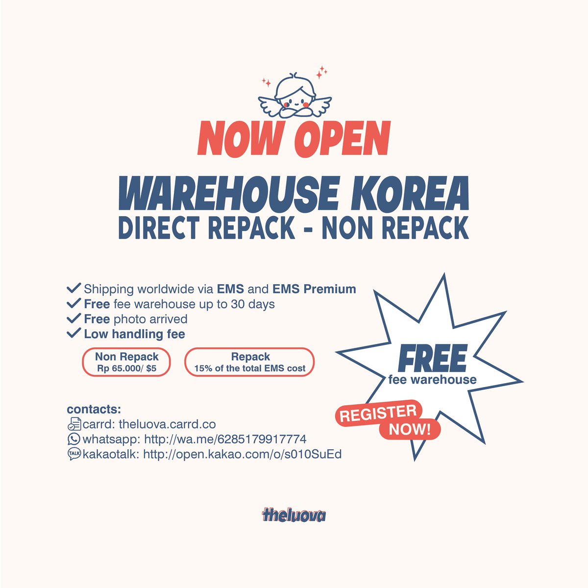 theluova's tweet photo. 📦WAREHOUSE KOREA
DIRECT REPACK - NON REPACK

✓ shipping worldwide via ems &amp; ups
✓ free fee warehouse &amp; photo arrived
✓ low handling fee

for more details: https://t.co/ZqgQc2Eoow

contacts:
📞 whatsapp: https://t.co/6mFuDgQsp7
💌 kakaotalk: https://t.co/32EZvS0FwJ https://t.co/2PiPd8dxpf