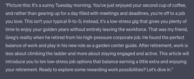 MengSEOCopy's tweet photo. Chat-GPT writes better stories than 98% of human writers. If you tell it exactly what to do and how to say it, the end product is rock solid. With 1 minute of editing, this is great. And Chat-GPT never complains about "working too hard". https://t.co/AvBzLzEago