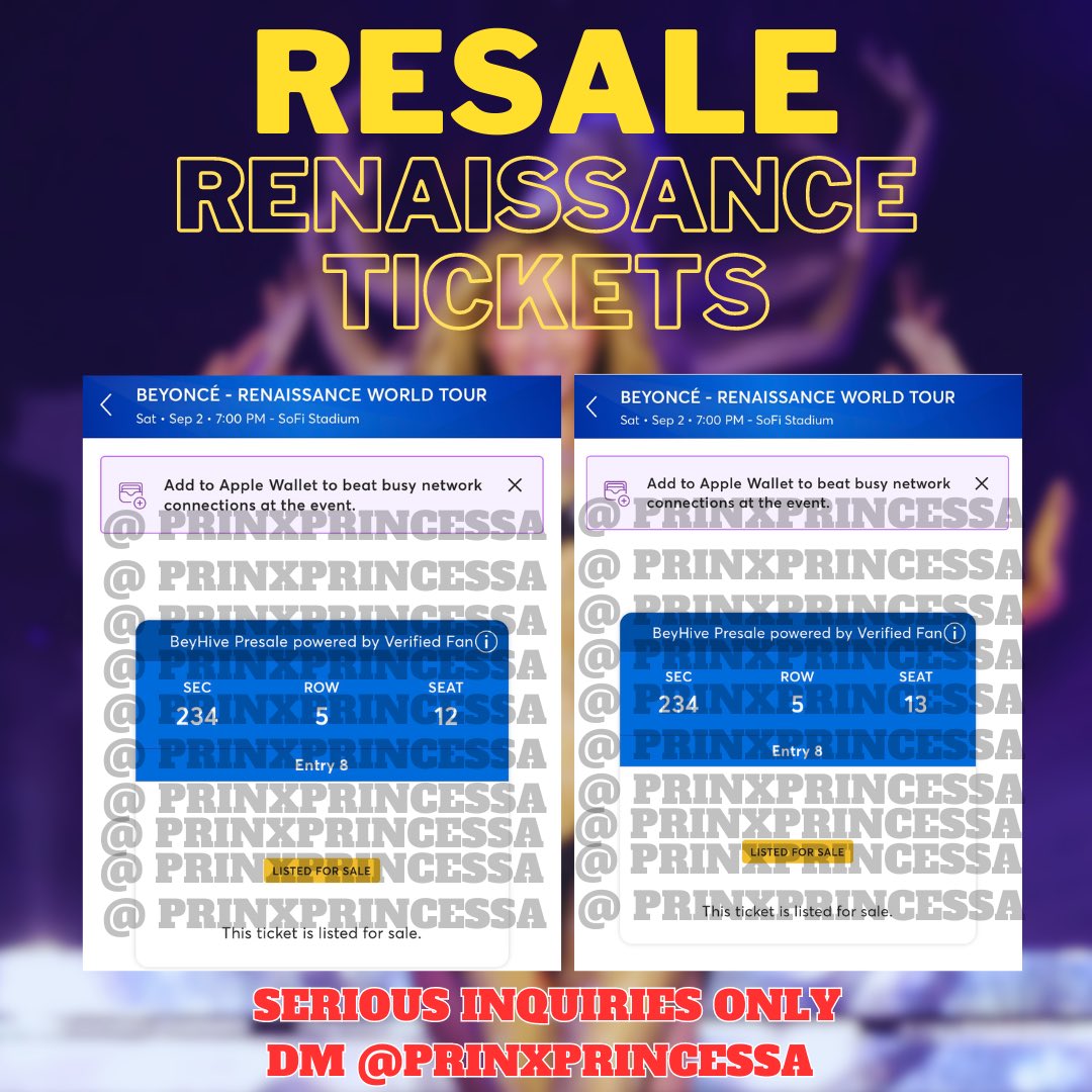 Reselling my Beyoncé Renaissance Tickets! 2 tickets for the 9/2 Inglewood show. For serious Inquiries, only DM me! ⠀
⠀
#BeyonceRenaissanceTour  #RenaissanceTour #RENAISSANCEWOLRDTOUR 
#BeyonceTickets #TicketResale #ConcertTickets #BeyonceLive #BeyonceInglewood #BeyonceConcert