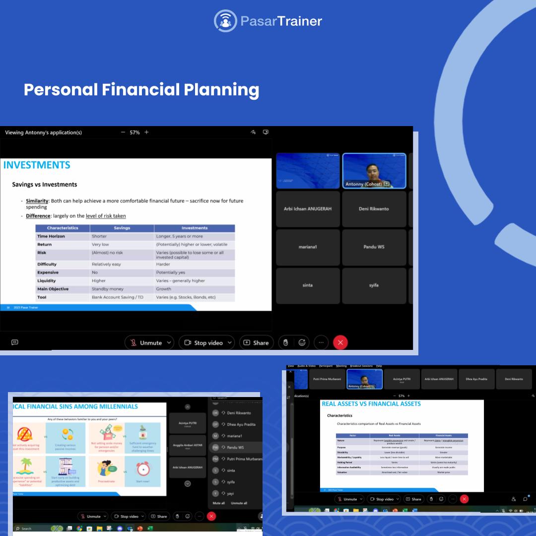 Online In-house Class, Personal Financial Planning

#PasarTrainer #trainingmarketplace #trainingprovider #learninganddevelopment #lembagapelatihan #corporatetraining #corporatelearning #financialplanning