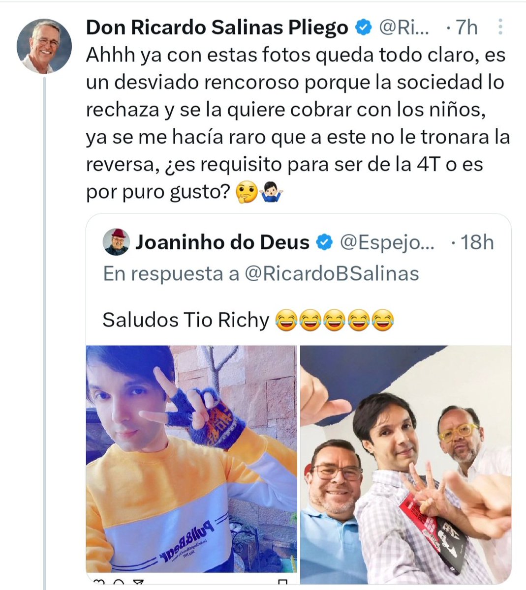 Monicao2712's tweet photo. Aquí el evasor de impuestos @RicardoBSalinas , atacando en su persona a uno de los creadores de los libros de texto,  claro como no tienen argumentos se van como manada en contra de la persona.
Nada raro, siempre han sido así de miserables los conservas oligarcas, les vale madre los derechos de todos, solo piensan en sí mismos.
Le duele que el pueblo haya despertado y que ya no vamos a permitir que nos sigan robando.
Así que por más odio que difunda, no va a conseguir que regresen los neoliberales y menos que se le condonen sus impuestos. 
Mejor pague y deje de joder al pueblo señor empresario.
Gracias.