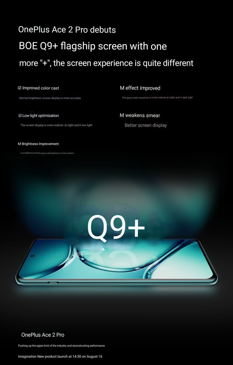boxtobyte's tweet photo. OnePlus Ace 2 Pro
6.74" 1.5K curved OLED
BOE Q9+ display
120Hz refresh rate
HDR10+, 450ppi,
1600 nits brightness
2.17mm ultra-narrow bezels
Alert Slider - ring, vibrate & mute
5000mAh battery
150W super flash charging
#OnePlus #OnePlusAce2Pro #OPPO https://t.co/bApnScm6fh