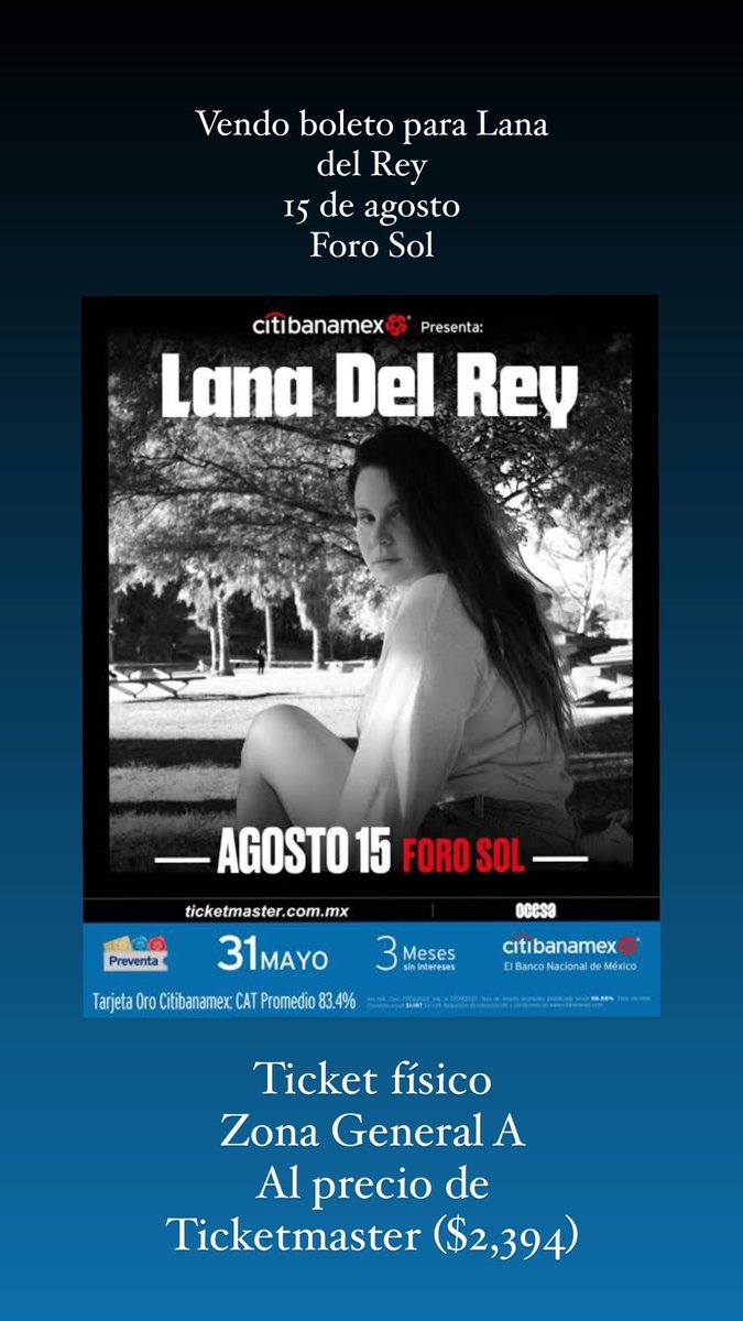 adychv's tweet photo. Vendo boleto para Lana del Rey!! Al precio de Ticketmaster, 15 de agosto Foro Sol @Vendo_Boletos @Boletoscdmx1 @VendoBoletosDF @Te_VendoBoletos @BoletitosVara @SobranBoletos https://t.co/e1ql7Xrmsk
