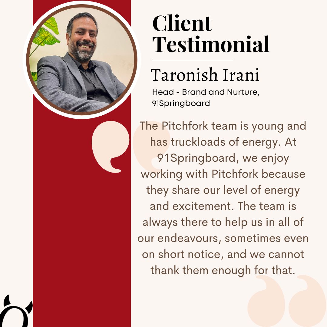 PitchforkLLP's tweet photo. Hear it from our happy client - @91springboard. We have been working with them since 2019 and have helped boost their reputation as leaders in the co-working space. We are extremely grateful to be working closely with @TaroIrani. 
#ClientTestimonial https://t.co/llJv2erB0O