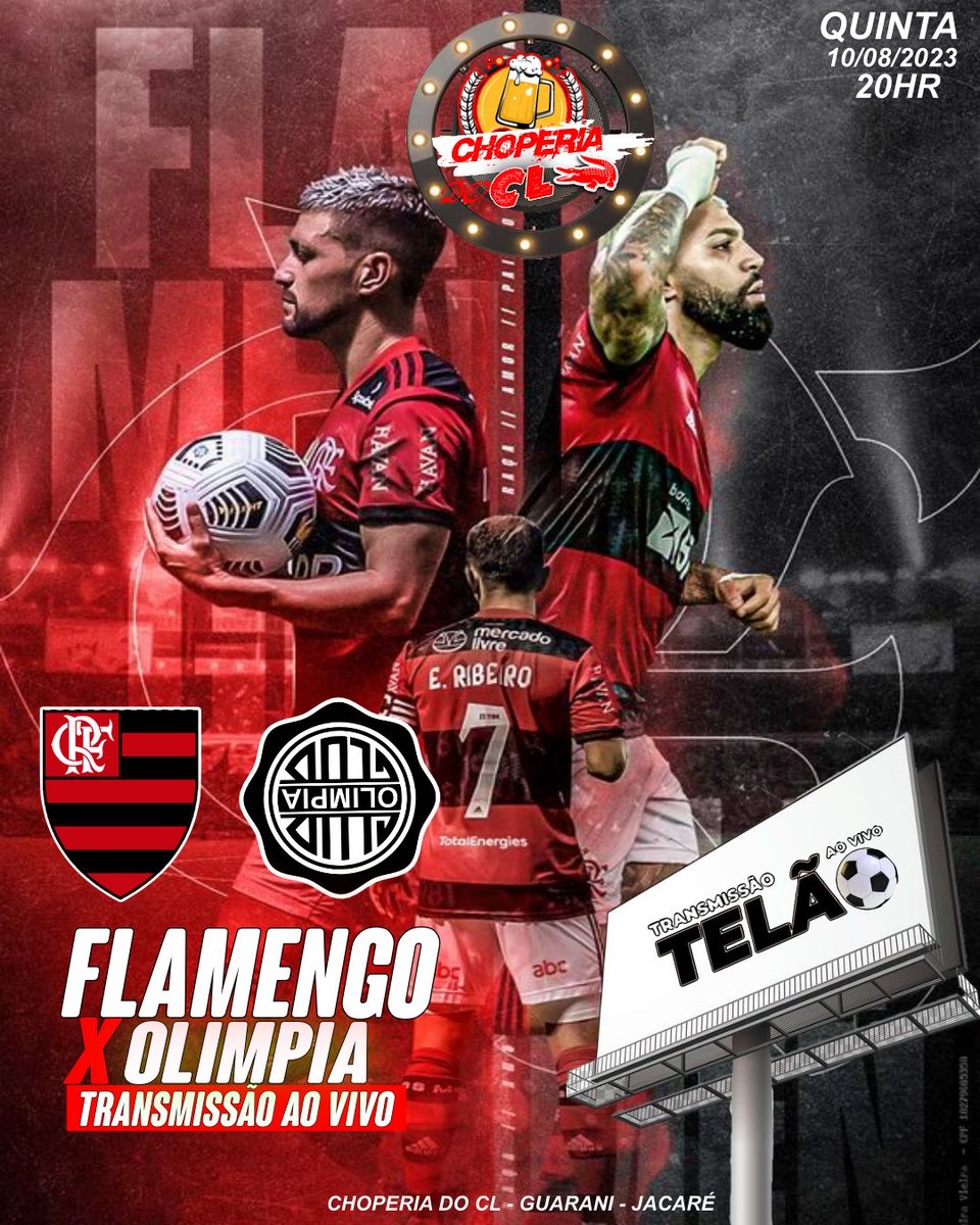 Quinta Feira Jogo do Flamengo 
Transmissão ao vivo aqui Na choperia 
Promoção de bebidas 
Vem torcer pro Mengão