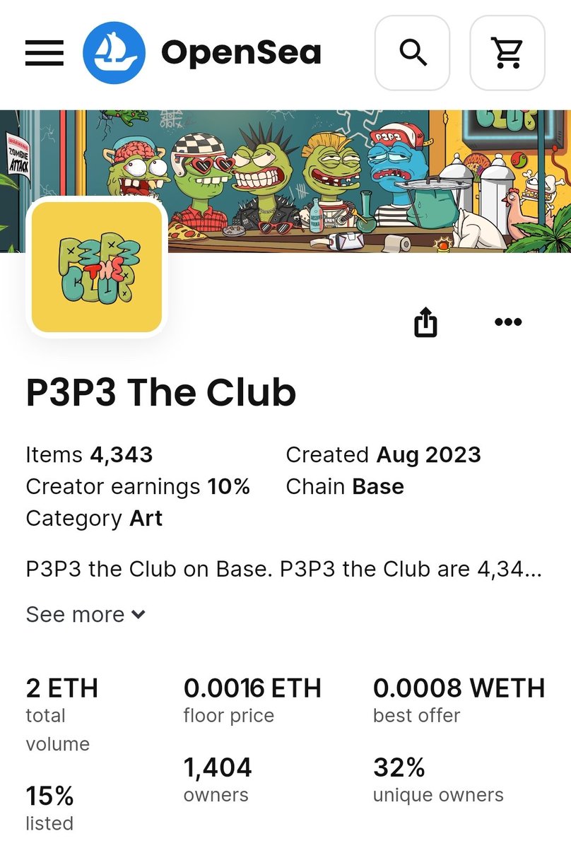 1/3

🎉 Kudos to <a href="/P3P3THECLUB/">P3P3 THE CLUB</a>, our 1st incubated project on #BuildOnBase, for exceeding 2 ETH in trading volume! 👹🔵🐸

🌟 On 11 August, we'll be distributing 4% royalties from this project to Base of Bored holders by raffle in our Discord. 

Join us to qualify. Link below 👇