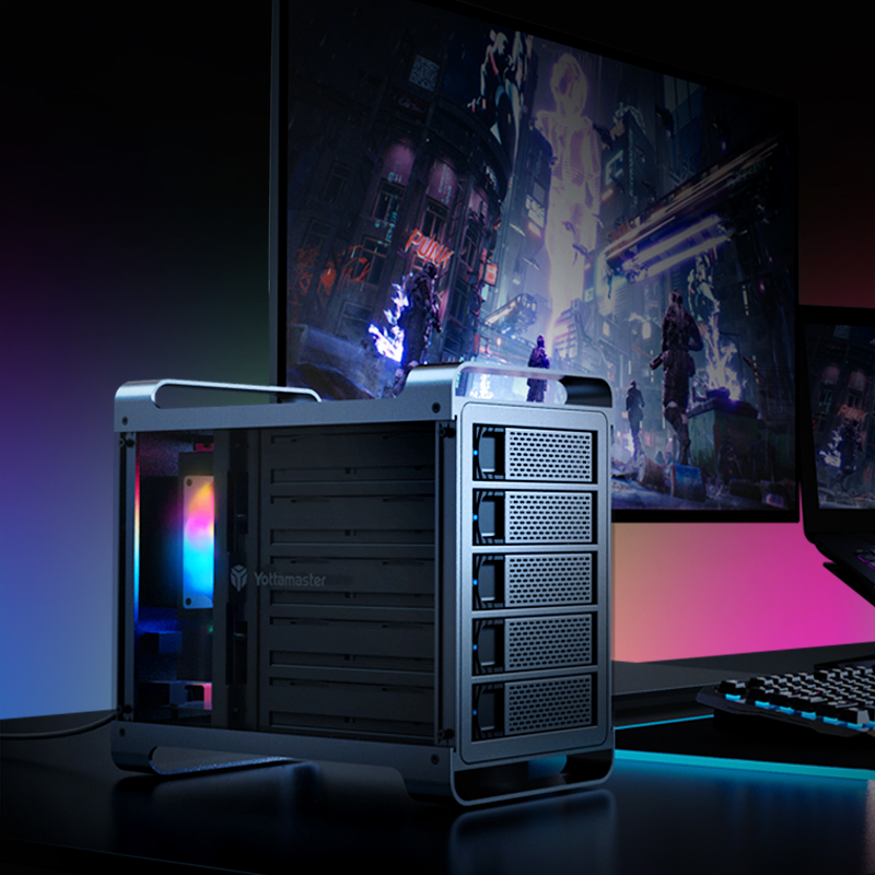 YottamasterInc's tweet photo. Serious gamers need the ultimate storage solution, so we made Yottamaster Defender 5 Bay RAID Hard Drive Enclosure.🔥
Translucent Frame, RGB cooling fan and  80TB capacity can take your gaming experience to the next level.

#Yottamaster #Gaming #Harddriveenclosure #RAID #RGBlight https://t.co/KEvUWrKaXy