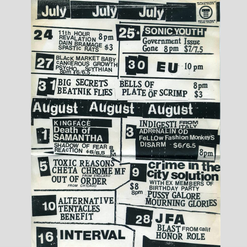 popcatastrophe's tweet photo. On This Day!   

Pussy Galore – The Complex, Washington, DC, US (August 9, 1986)
w/ Crime and The City Solution and The Mourning Glories

nb. FIRST show with #BobBert

#onthisday #PussyGalore #PussyGaloreBand  #KurtWolf #JulieCafritz #NeilHagerty #CristinaMartinez #jonspencer https://t.co/oH6kbLXjx4