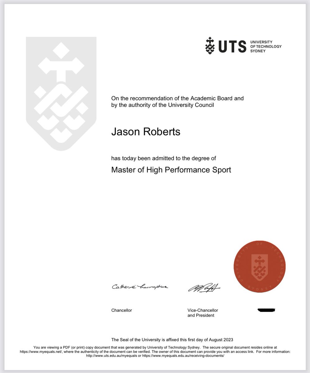 It’s official.  Completed my Master of High Performance Sport though UTS. Thanks to those who supported and helped along the way. Cheers.