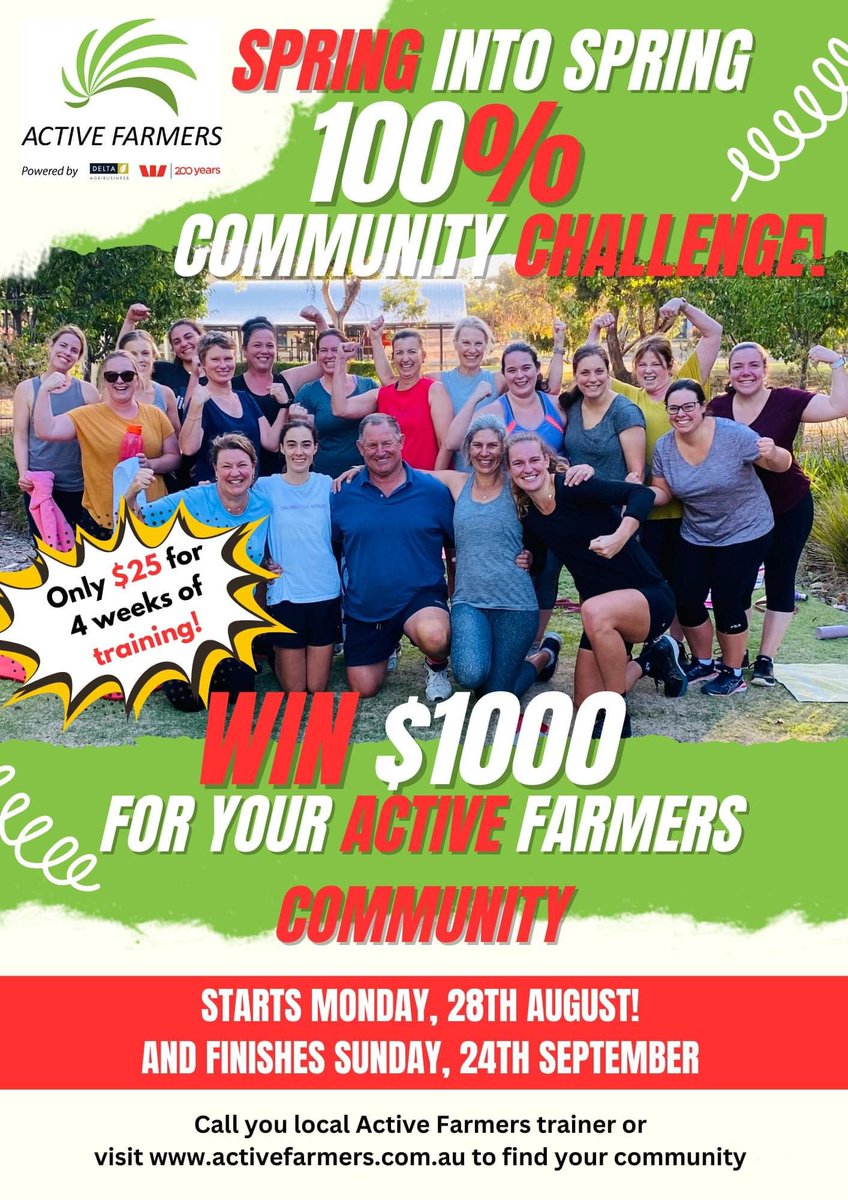 GET INVOLVED with the Active Farmers Spring into Spring Community Challenge!
Speak to your local Active Farmers Trainer about how you can win $1000 for your community, all while working on your mental and physical health. #ActiveFarmers #communitystrong