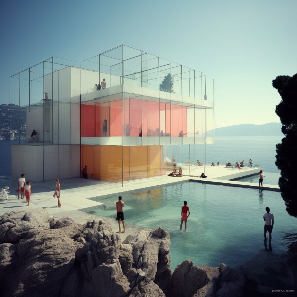 InTheVerse_'s tweet photo. Pool side…🌊☀️🏊‍♂️
#beach #Mediterraneo #azur #CotedAzurFrance #design #lecorbusier #ai #architecture #ideas #midjourney52 https://t.co/5UAmrz5MzZ