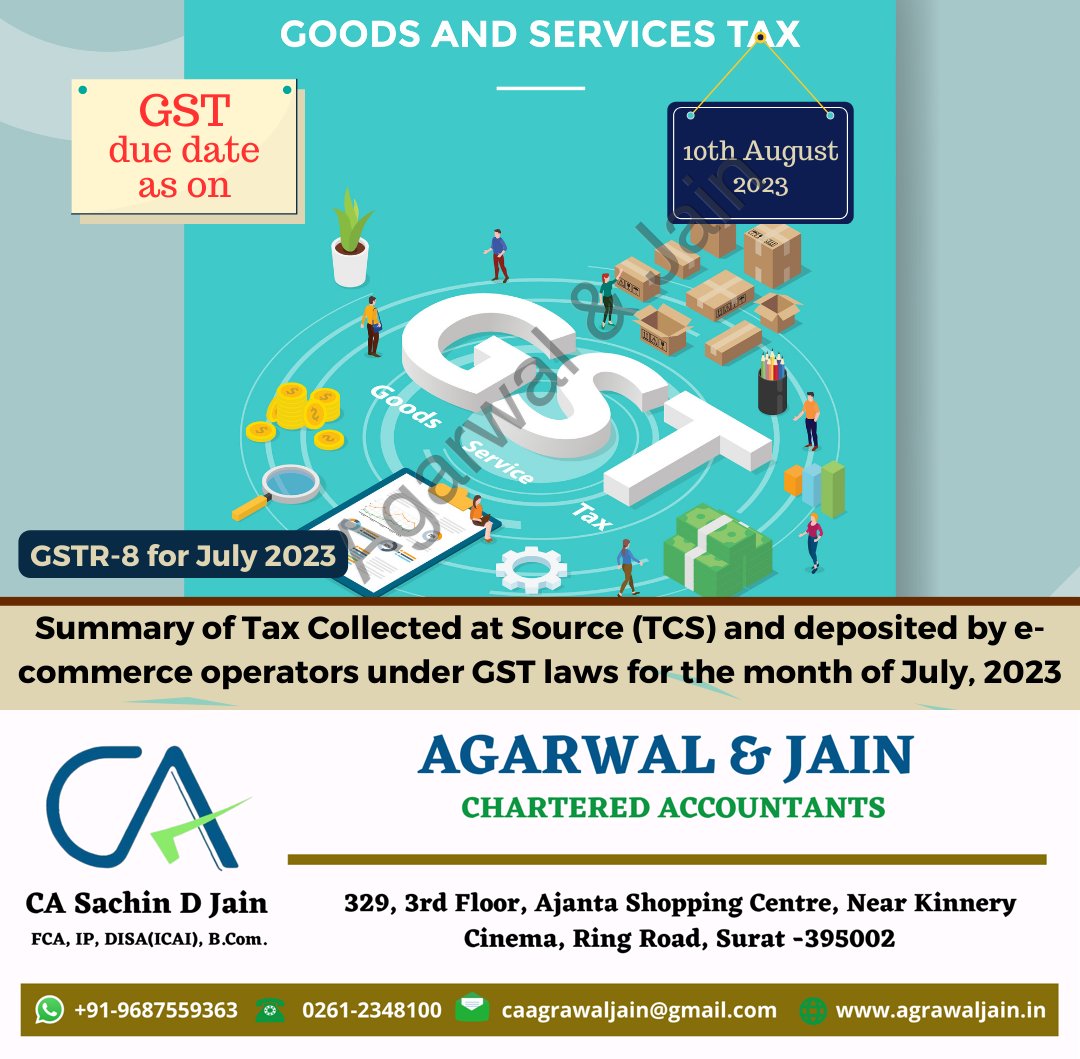 Due Date Alert:
TCS Return and Payment of TCS collected by E-Commerce Operators under GST for July, 2023 shall be done, via GSTR-8 on or before 10.08.2023. #GST #DueDate #TDSunderGST #GSTTDS #GSTR8 #GSTDueDate