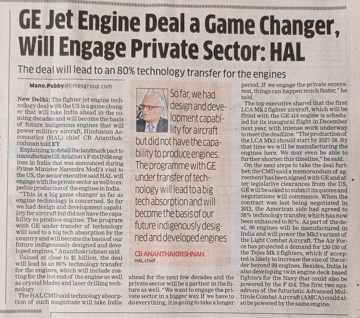 RomeshNadir's tweet photo. #NewsPositive
India-US deal during Modi-Biden meet, will lead to an 80% technology transfer to have capability to produce aircraft engines. The deal with GE through transfer of technology will lead to tech absorption becoming a basis to develop indigenously designed engines. https://t.co/rnCMfMa1rT