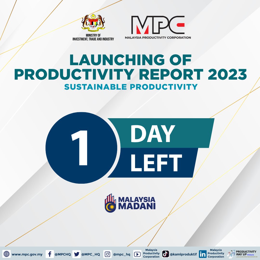 EXCITING  EVENT COMING SOON! 😀

THE  OFFICIAL LAUNCH OF PRODUCTIVITY REPORT 2023

REGISTER YOUR SEAT NOW: zoom.us/webinar/regist…

#MPC #MalaysiaProduktif #DrivingProductivityoftheNation
#SustainableProductivity #ProductivityReport2023
#Productivity
#Competitiveness