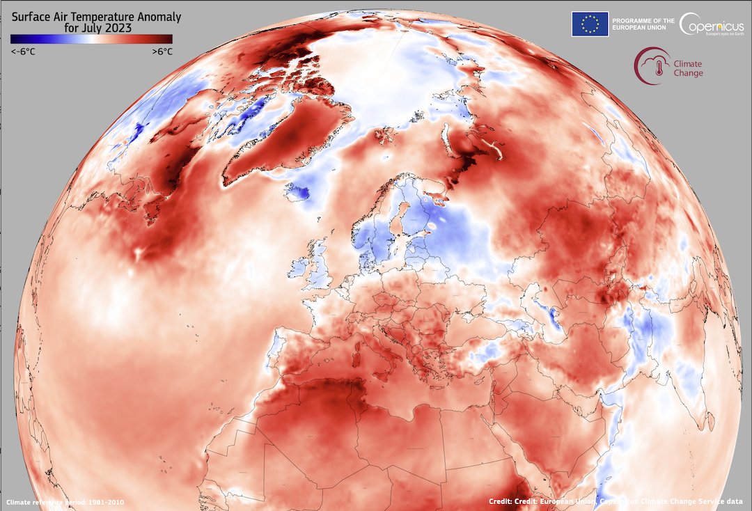 July 2023 was the hottest month ever recorded. 

🔗 bit.ly/47ksxal
🗣️ #EarlyWarningsForAll #StateOfClimate
📷 <a href="/CopernicusEU/">Copernicus EU</a>
