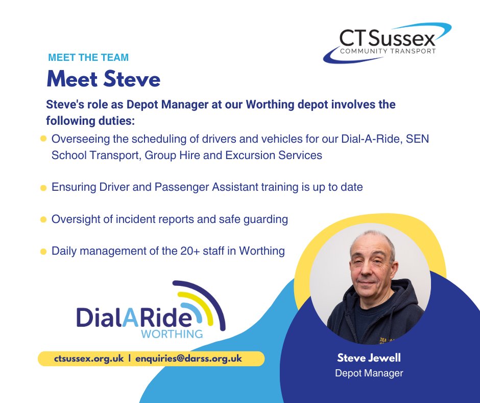📢 Meet Steve, our Worthing Depot Manager! 🌟
Steve ensures smooth operations for all our services. He oversees daily management, scheduling, training, incident reports and safeguarding. 🚐
#TransportServices  #CommunityTransport #DialARide #WorthingTransport #AccessibleTransport
