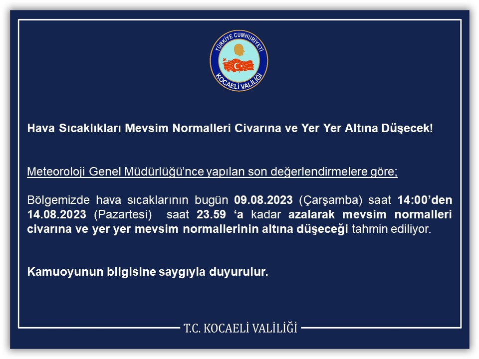 Hava Sıcaklıkları Mevsim Normalleri Civarına ve Yer Yer Altına Düşecek!
<a href="/SeddarYavuz/">Seddar Yavuz</a> 
kocaeli.gov.tr/hava-sicaklikl…