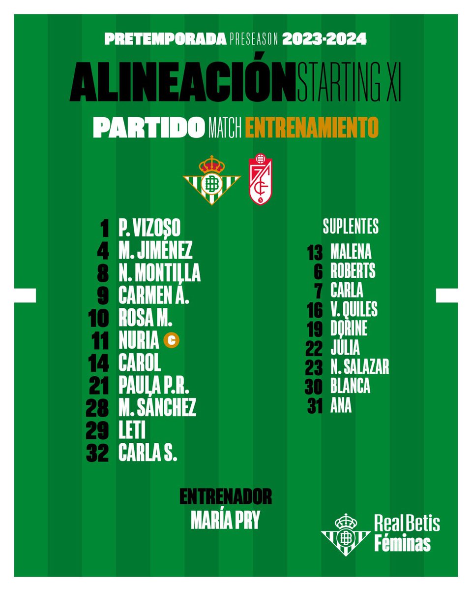 ¡Este es nuestro 1⃣1⃣ para el 𝗽𝗮𝗿𝘁𝗶𝗱𝗼 𝗱𝗲 𝗲𝗻𝘁𝗿𝗲𝗻𝗮𝗺𝗶𝗲𝗻𝘁𝗼 ante el <a href="/GranadaCF_Fem/">Granada CF Femenino</a>! 📋💚

#BetisFéminas
