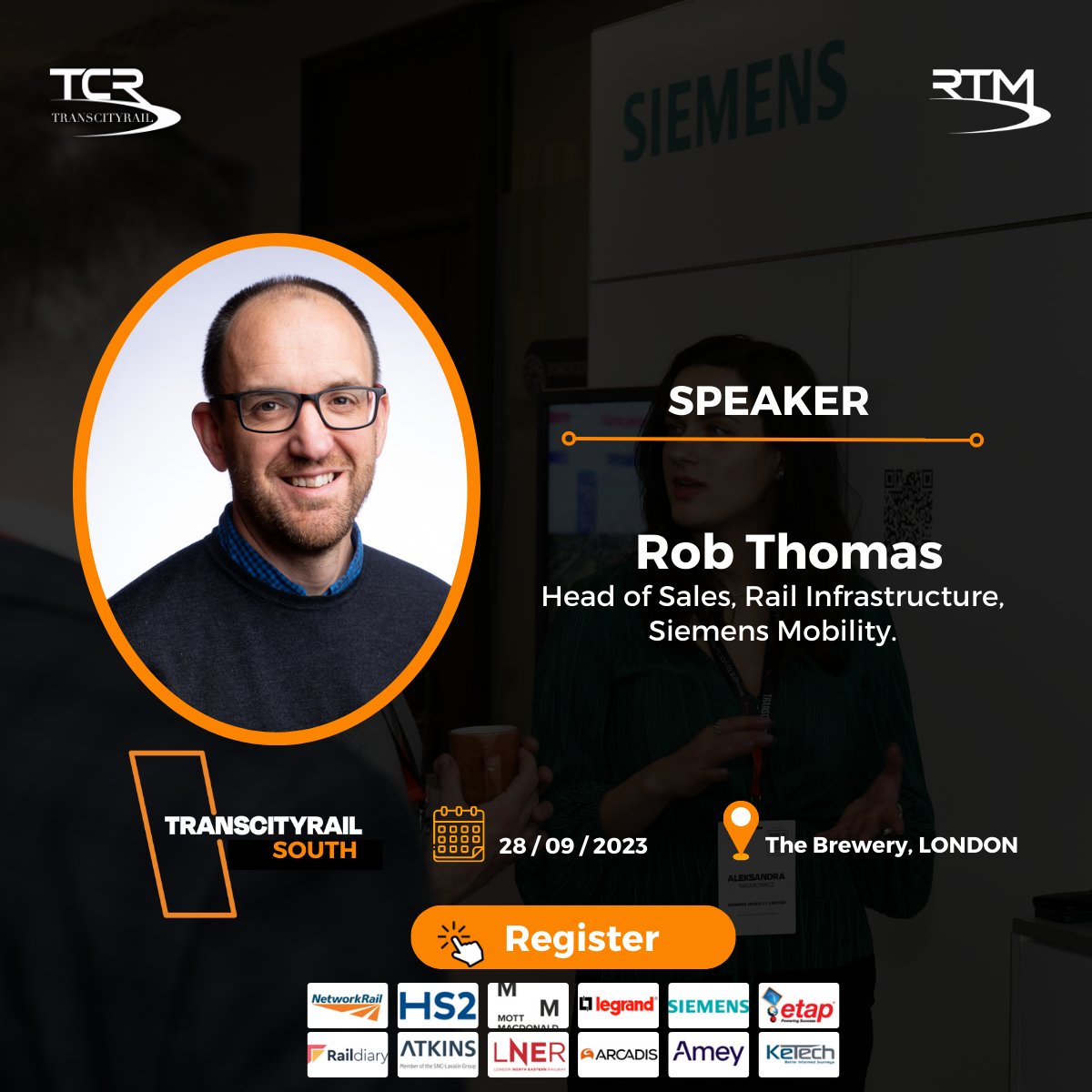 TransCityRail's tweet photo. Join Robert Thomas from @Siemens Mobility as he takes hundreds of rail industry leaders from @networkrail, @HS2ltd, Operators and SMEs on a journey of discovery on how we can attract, train and retain the brightest people to this incredible industry, and why faster adoption of technology will ensure value for money and cement rail as the first choice for passengers and freight. 

Is this a conversation you would like to hear?

Book your ticket to the conference and make sure you are in the room.

Perhaps you want to meet Network Rail face-to-face on September 29th or view the agenda and see what else we have in store for you? Click the link for more information. 

👉 https://t.co/eE3LCaHhl3

#rail #passengers #freight #technology #recruitment #apprenticeships #connectingthesouth #networking #railway #AI #IOT #tech #TOCs #SME #Railtechnologymagazine