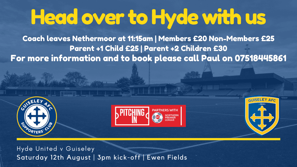 🚍 | A new season following the Lions!

It all starts on Saturday, make sure you're there. Paul still has spaces available, just give him a call now to book.

#GAFC #GuiseleyTogether
