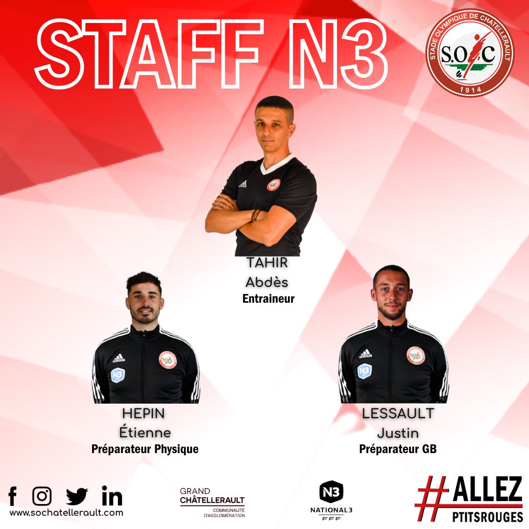 SOChatellerault's tweet photo. [ National 3 ] MERCATO 🔴⚪️

Le SOC a le plaisir de vous présenter le staff de l’équipe National 3 pour la saison 2023/2024.

🔴 ⚪️ #AllezPtitsRouges #SOC #N3 #Football #Mercato #Staff #VilledeChâtellerault #DistrictdelaVienne https://t.co/N8T6dskBoj