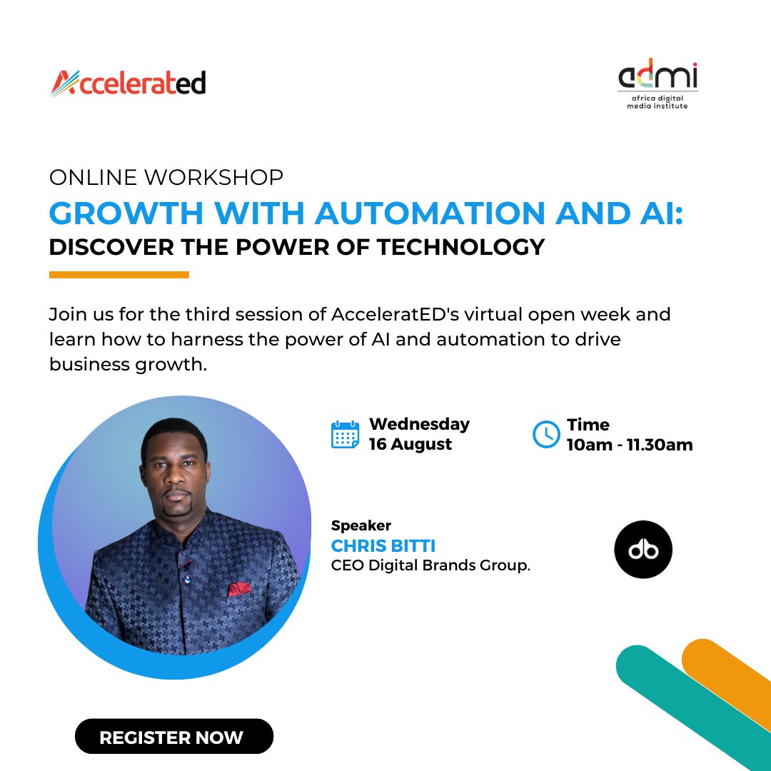 <a href="/barrackbukusi/">barrack</a> <a href="/thecatapult_ke/">The Catapult Agency</a> <a href="/SafaricomPLC/">Safaricom PLC</a> <a href="/ADMIafrica/">Africa Digital Media Institute</a> <a href="/paulbreloff/">Paul Breloff</a> <a href="/shortlistafrica/">Shortlist Africa</a> Join us for the third session of AcceleratED's virtual open week on the 16th of August with <a href="/ChrisBitti/">Chris Bitti</a> and   learn how to harness the power of AI and automation to drive business growth.

Are you interested in learning how to leverage AI? Don’t miss out on this conversation.