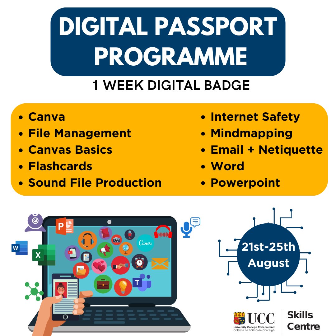 ATTENTION ALL STUDENTS! Join the UCC Skills Centre for the 'Digital Passport' digital badge from the 21st-25th August in-person. Learn how to improve your tech skills and get to know handy web tools that will make your learning journey easier. Sign up👉forms.gle/cT9f3HNiC6EERA…