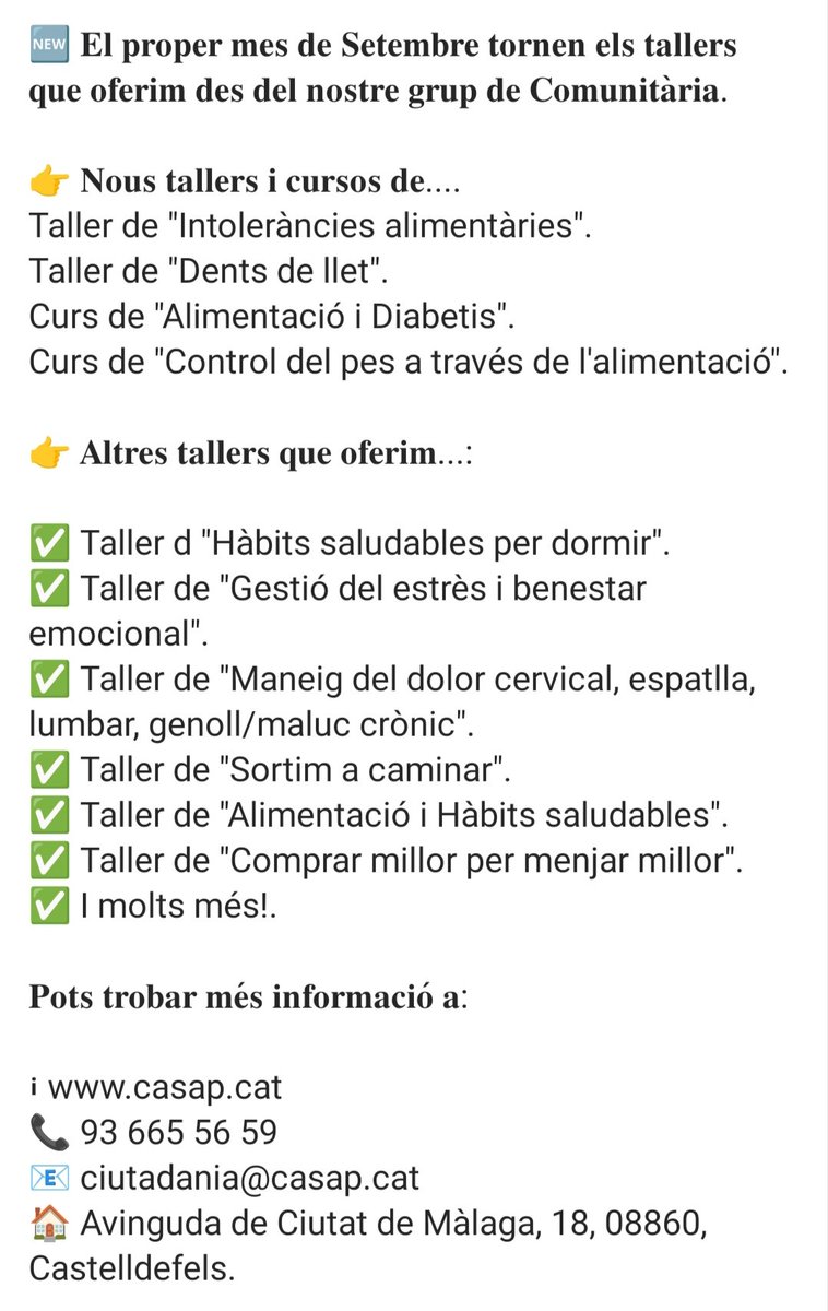 Compartim la informació que ens han fet arribar des del CASAP.
Uns tallers molt interessants per aprendre i prevenir.
#CasapCanBou
#Salut
#Prevenció
#Aprendre