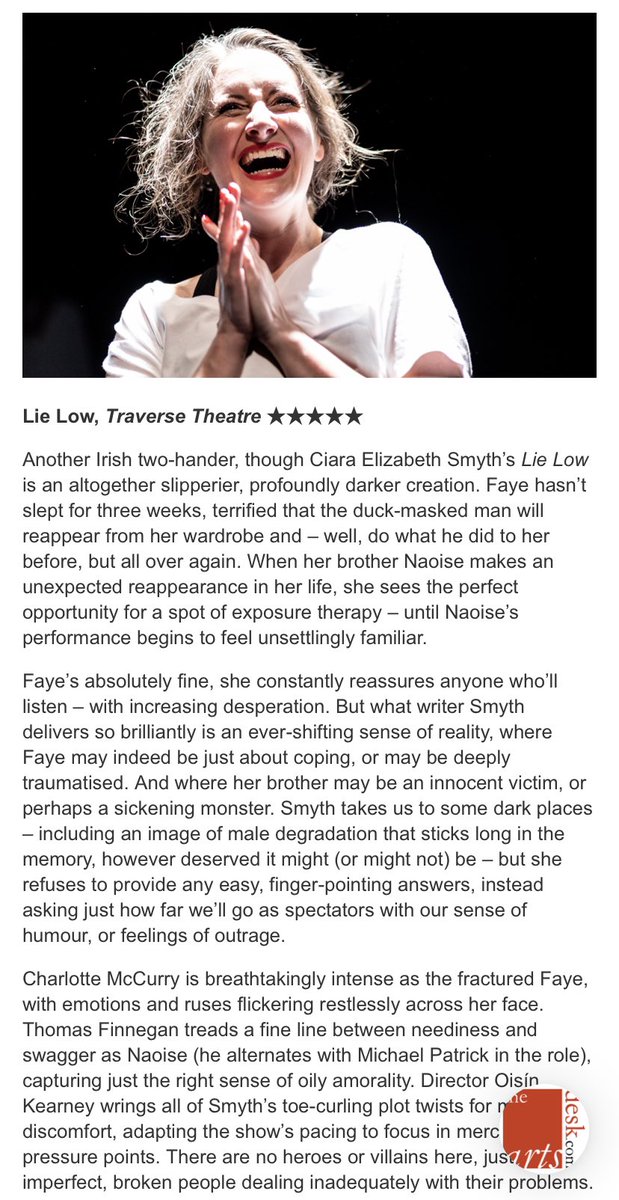 Ciara Elizabeth Smyth (@ciaraesmyth) on Twitter photo Over the MOON!!
⭐️⭐️⭐️⭐️⭐️ review for LIE LOW from The Arts Desk!!! Runs until 27 August in <a href="/traversetheatre/">Traverse Theatre</a> Over the MOON!!
⭐️⭐️⭐️⭐️⭐️ review for LIE LOW from The Arts Desk!!! Runs until 27 August in <a href="/traversetheatre/">Traverse Theatre</a>