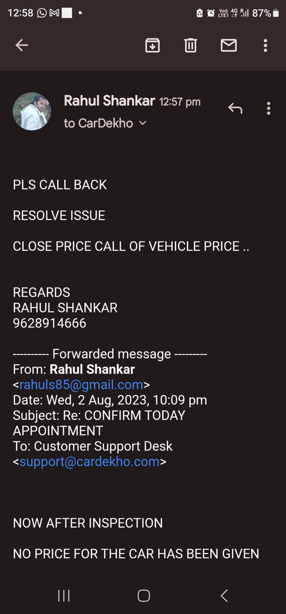 shanx85's tweet photo. @CarDekho ALREADY ALL SHARED ON same mail , writing  here again with screenshot, pls check ,revert , call back RESOLVE  , MAIL DONE AGAIN TODAY https://t.co/ipKWf838Pd