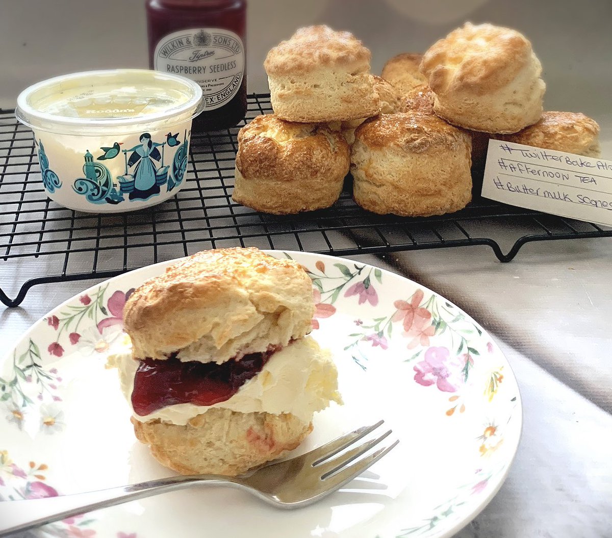 Buttermilk scones with clotted cream and raspberry jam , #creamfirst 😇#twitterbakealong #afternoonteaweek @thebakingnanna1 @Rob_C_Allen @FirstTMaster 💜💜