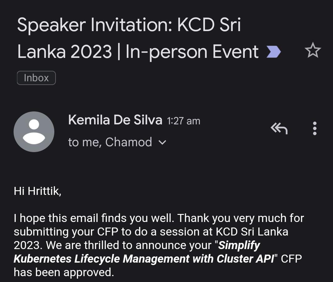 I'm thrilled to announce that my talk for Kubernetes Community Days Sri Lanka has been approved! 🌟