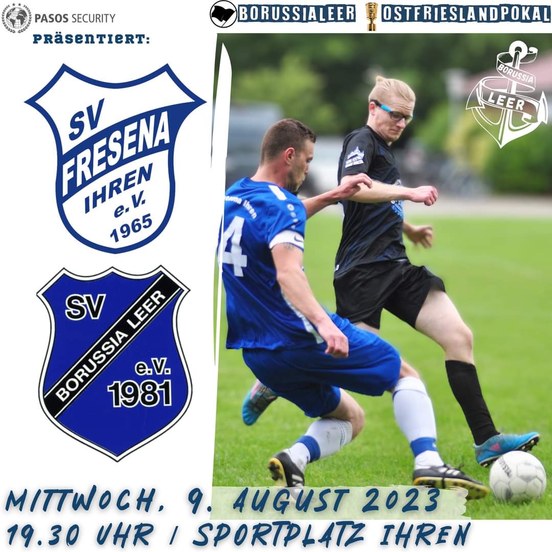 🔥 #Matchday 💙🖤
⚽ Fresena Ihren II 🆚 Borussia Leer 
🕜 19.30 Uhr 
🏟 Sportplatz Ihren (Patersweg-Süd 51, 26810 Westoverledingen) 
🏆 Ostfriesland-Pokal, 2. Runde 
⚖ Schiedsrichter: Uwe Bloem
🌤️Überwiegend sonnig, trocken, 19 Grad