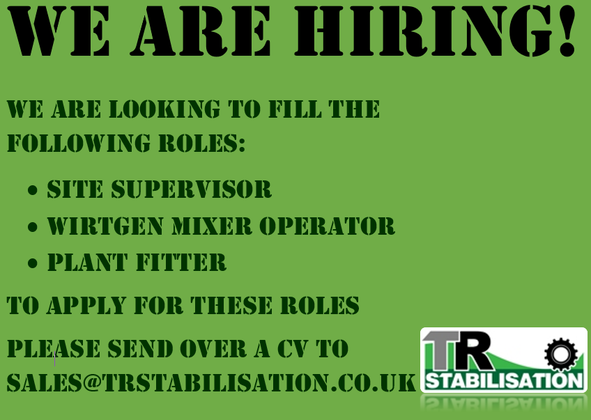 TRStabilisation's tweet photo. WE ARE HIRING!
Candidates must hold relevant CPCS/NPOR’s cards.
Competitive rates of pay and terms.
Work is predominantly based in the North West and Midlands but the ability to travel is essential.
Please apply by sending a CV to sales@trstabilisation.co.uk or call 01254 238700 https://t.co/EdawYx1acc
