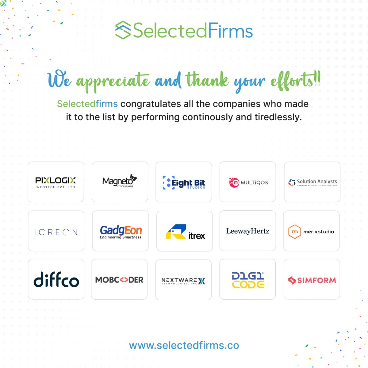 FirmsSelected's tweet photo. SelectedFirms sends shootouts to all the Software Development companies in the USA that have ranked at the top of our list: https://t.co/01OtSC17s4
Congratulations!
@pixlogix  
@magnetoit  
@eightbitstudios @MultiQoS @S_Analysts 
 @IcreonTech @Gadgeon @ITRexGroup https://t.co/GHCMFRUxY5