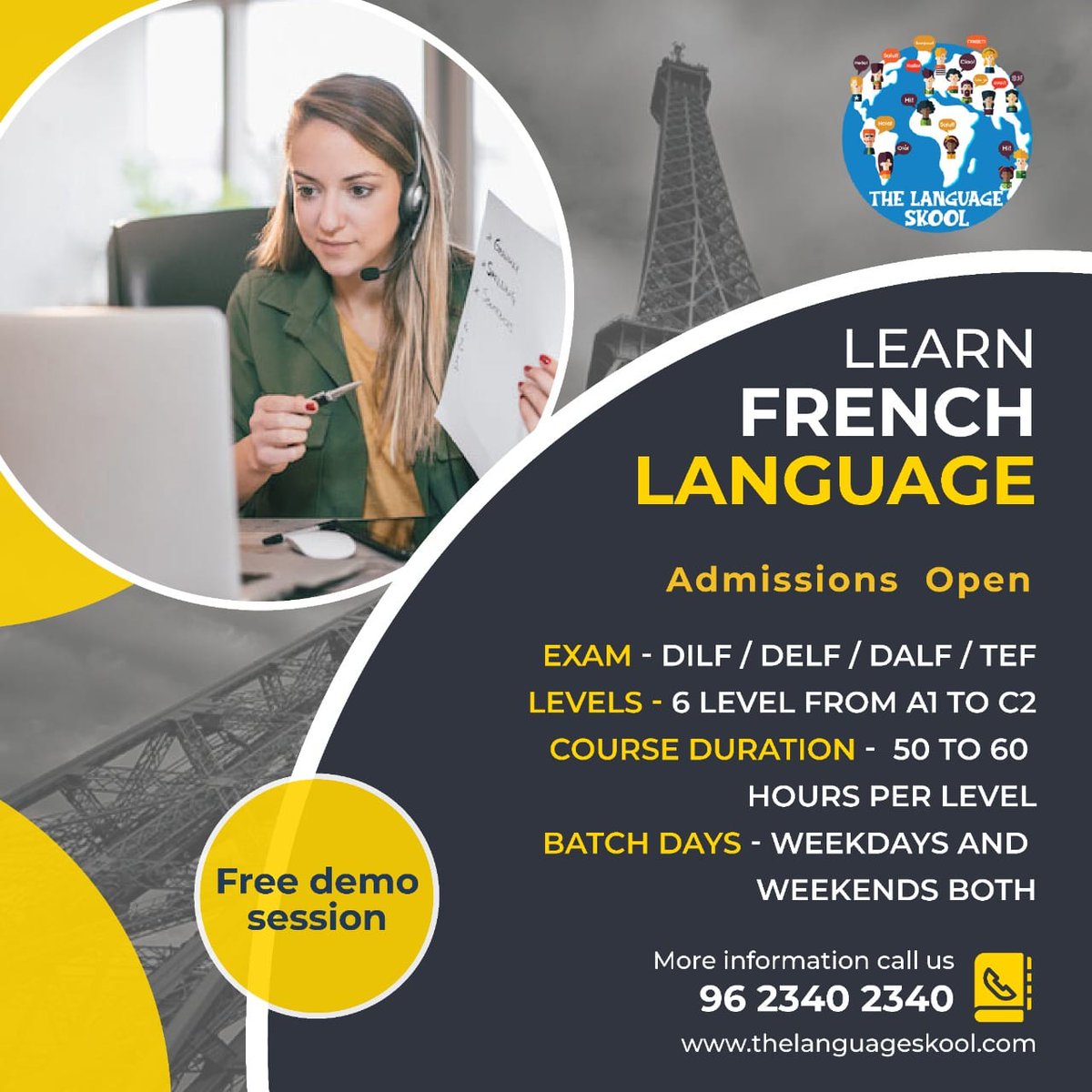 LanguageSkool's tweet image. Learn French Online With The Language SKOOL. 

Some of the exciting things at The Language SKOOL are
1. Flexible Lesson Schedules 🧑‍💻
2. Certified and Expert Trainers👩‍💼👨‍💼
3. Online Classes👩‍💻
4. Flexible Time and Fees

 #frenchlanguage #learningfrenchlanguage #learnfrenchlanguage