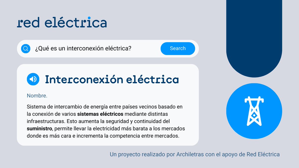 RedElectricaREE's tweet photo. 🥁¿Qué concepto alude al conjunto de infraestructuras eléctricas que permite el intercambio eléctrico entre países vecinos? 👉Empieza por "I" y está en el diccionario de la #TransiciónEnergética: #interconexión.

Las interconexiones internacionales son fundamentales para reforzar la seguridad de suministro, la integración de #renovables y la eficiencia del sistema.

📚Un proyecto realizado por @archiletras con el apoyo de #RedElectrica.