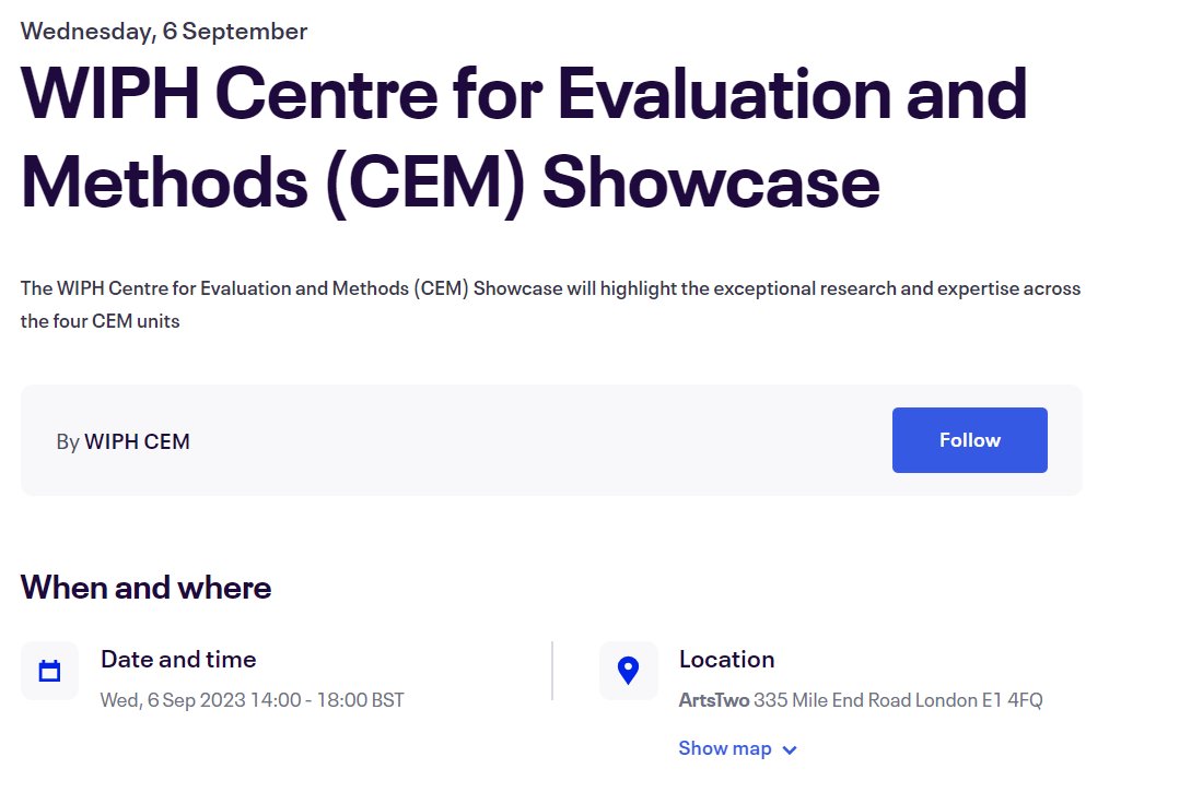 Wolfson Institute of Population Health (@qmul_wiph) on Twitter photo 📢Join us for the <a href="/QMUL_WIPH_CEM/">QMUL Centre for Evaluation and Methods</a> Showcase!
🗓️6 September (2-6pm), ArtsTwo (Mile End)
We will be showcasing the work of the <a href="/pctuqmul/">Pragmatic Clinical Trials Unit (PCTU), QMUL</a>, <a href="/BartsCTU_QMUL/">Barts Clinical Trials Unit (Barts CTU), QMUL</a>, Health Economics and Policy Research Unit + Methodology Research Unit
More info + register here:
eventbrite.co.uk/e/wiph-centre-… 📢Join us for the <a href="/QMUL_WIPH_CEM/">QMUL Centre for Evaluation and Methods</a> Showcase!
🗓️6 September (2-6pm), ArtsTwo (Mile End)
We will be showcasing the work of the <a href="/pctuqmul/">Pragmatic Clinical Trials Unit (PCTU), QMUL</a>, <a href="/BartsCTU_QMUL/">Barts Clinical Trials Unit (Barts CTU), QMUL</a>, Health Economics and Policy Research Unit + Methodology Research Unit
More info + register here:
eventbrite.co.uk/e/wiph-centre-…