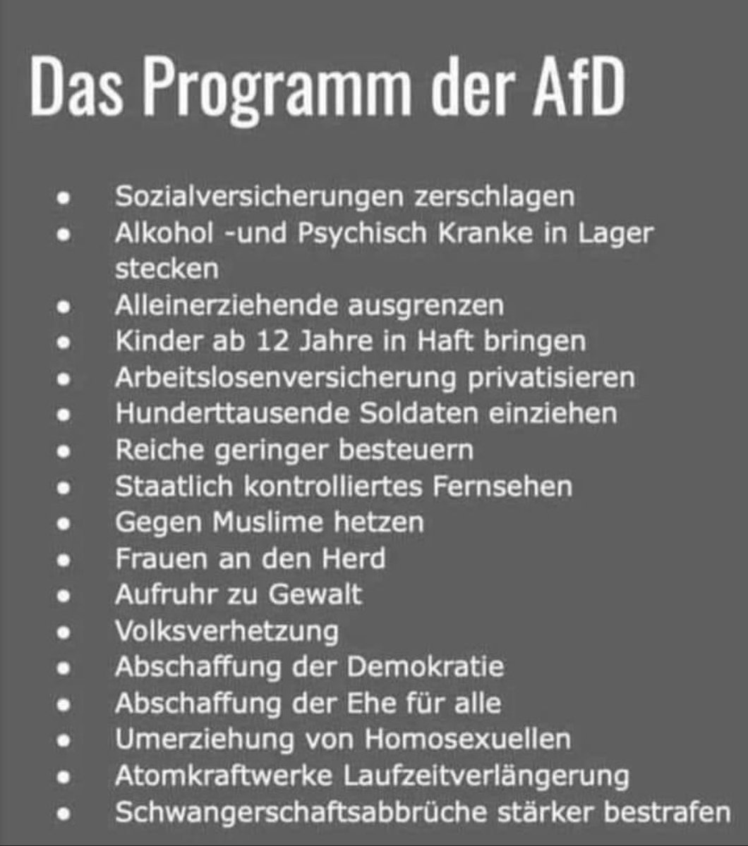 Es wird Zeit, endlich diese Faschistische Partei und ihre Gleichgesinnten SOFORT zu verbieten! 
Außerdem sollte man diesen Post MASSIV UND STÄNDIG in den Messengern, auf Flyern und Info - bzw.  Wahlkampf ständen bekannt gegeben.