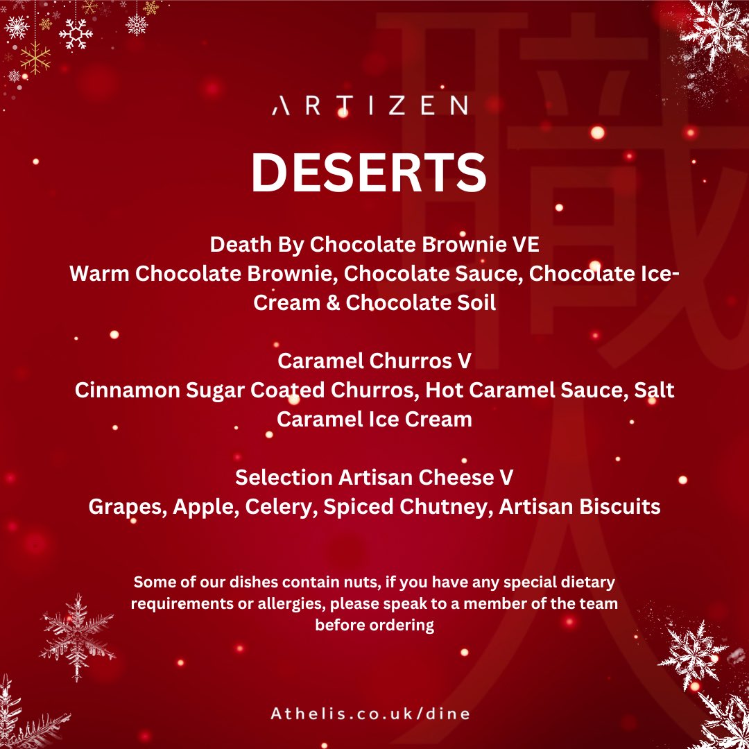 Experience the Magic of Christmas at Artizen!🎅
Join us for an enchanting 2-course or indulgent 3-course meal from our new menu. 🍽️
Pre-book today or throughout August to receive your free bottle of house wine 🍷 or Prosecco 🍾 
Offer limited, available throughout December.
