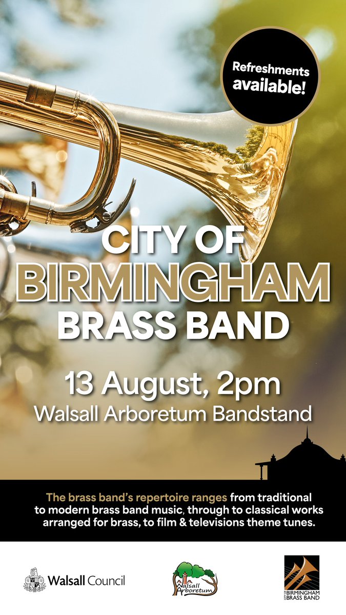 WalsallCouncil's tweet image. Looking for a fun and free day out this weekend? 🤩@BirminghamBrass are taking the stage at Walsall Arboretum this Sunday! 🎉

Details below:
📆 Sunday 13 August
⏰ 2pm
📍 Walsall Arboretum, Lichfield Street, Walsall, WS4 2BU
🎫 FREE entry

#WhatsOnWalsall