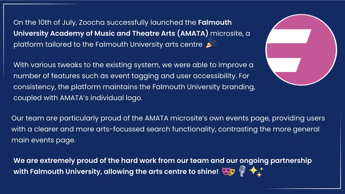 Zoocha's tweet photo. We're happy to announce the launch of the Falmouth University AMATA microsite, a platform that celebrates the University's arts centre 🌟

@Fal_AMATA https://t.co/5QCwmxJFEL