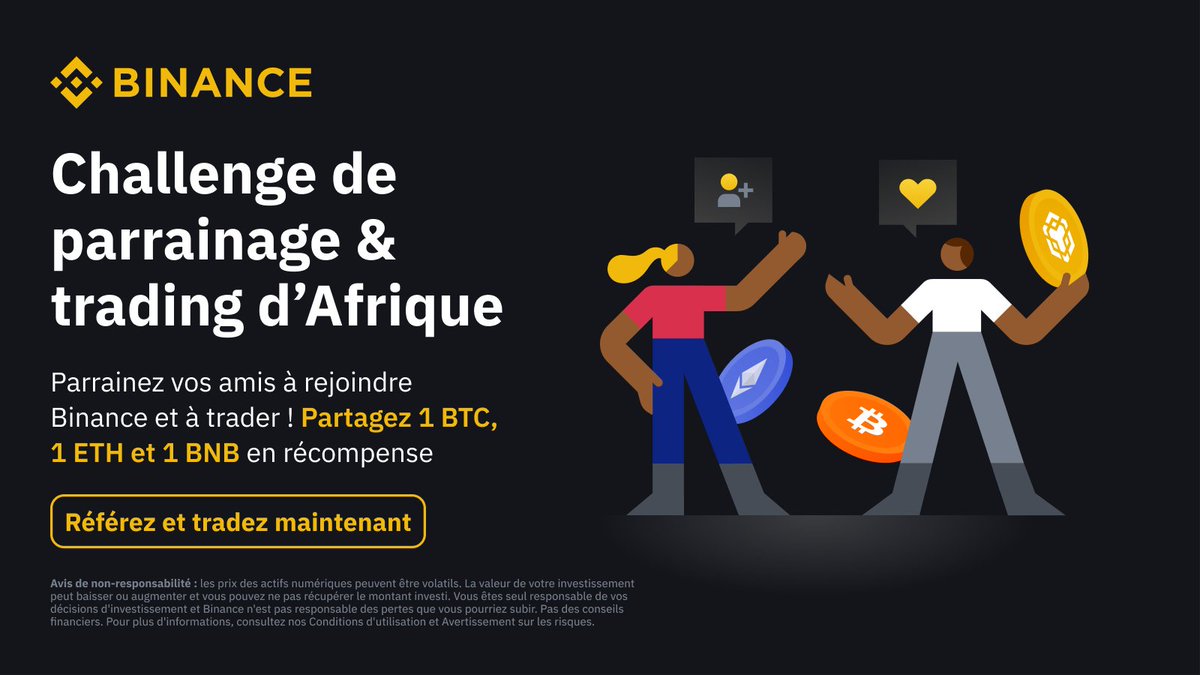 binanceafrique's tweet photo. Invitez vos amis à rejoindre et trader sur Binance et tentez de partager 1 BTC, 1 ETH et 1 BNB en récompenses 💰

Rejoignez le Challenge de parrainage &amp; trading d'Afrique

➡️ https://t.co/Jv3IUso2ea https://t.co/BMdCOVhm3A