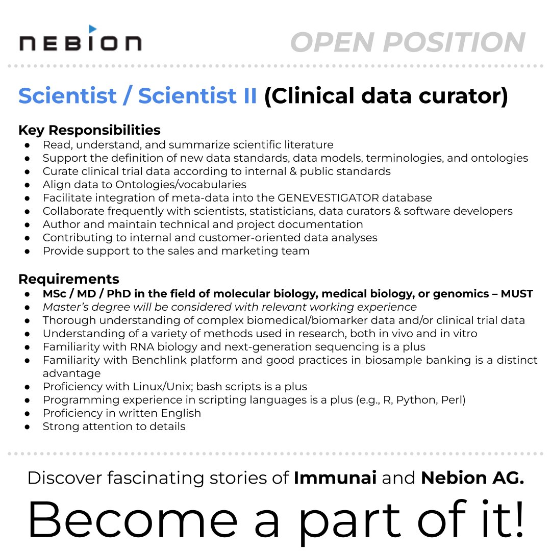 researchjobs_cz's tweet image. NEBION / @NewsFromNebion – #Prague is hiring!
#Scientist / Scientist II (Clinical #dataCurator)
Read more: researchjobs.cz/gmHi8
#molecularBiology #medicalBiology #genomics #RNA #biology