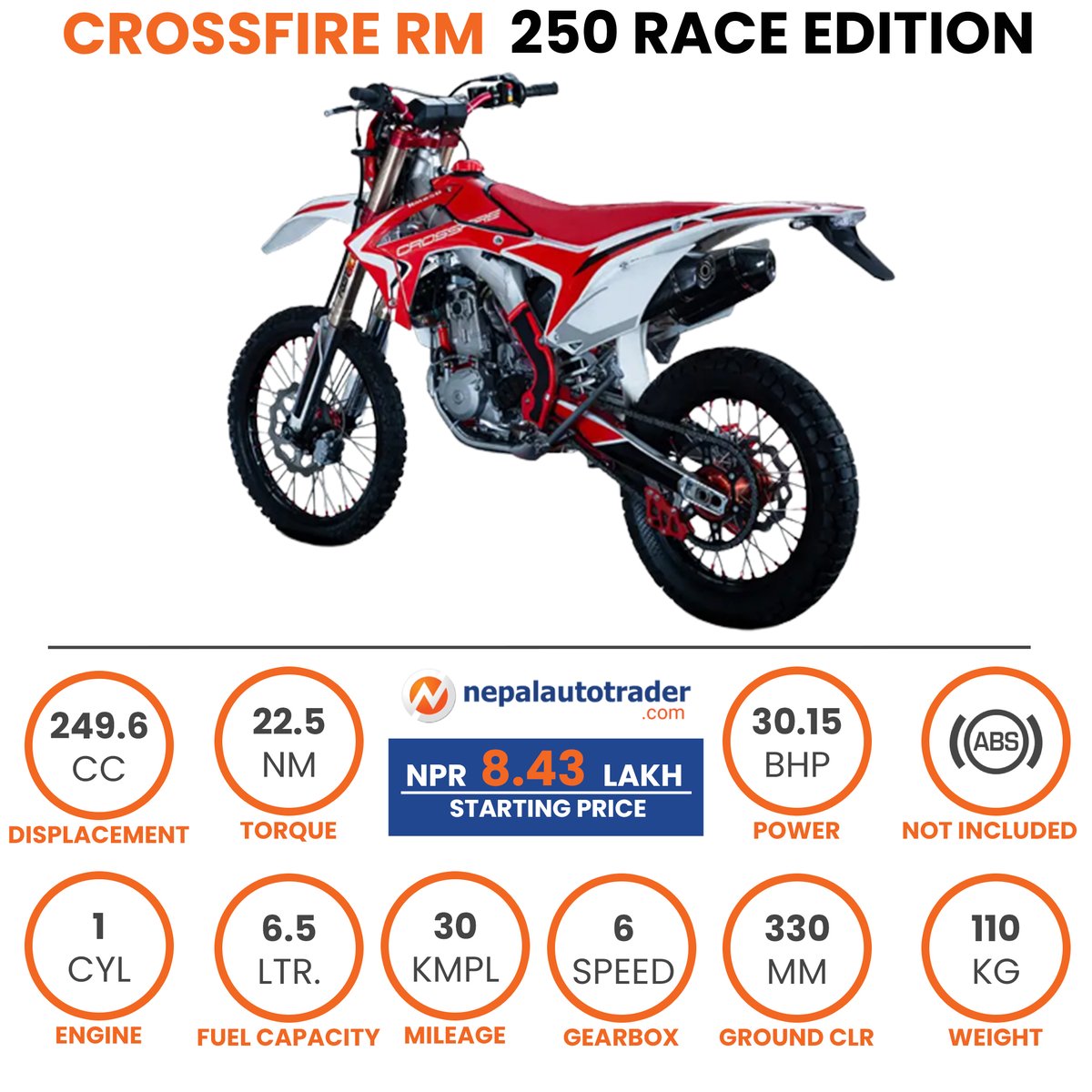 Crossfire RM 250 Race Edition Quick Specifications.  #Autonews #AutonewsNepal #Bikes #BikesNepal #AdventureMotorbike #CrossFireBikes #CrossFireNepal #CrossfireRM250 #NepalAutoTrader