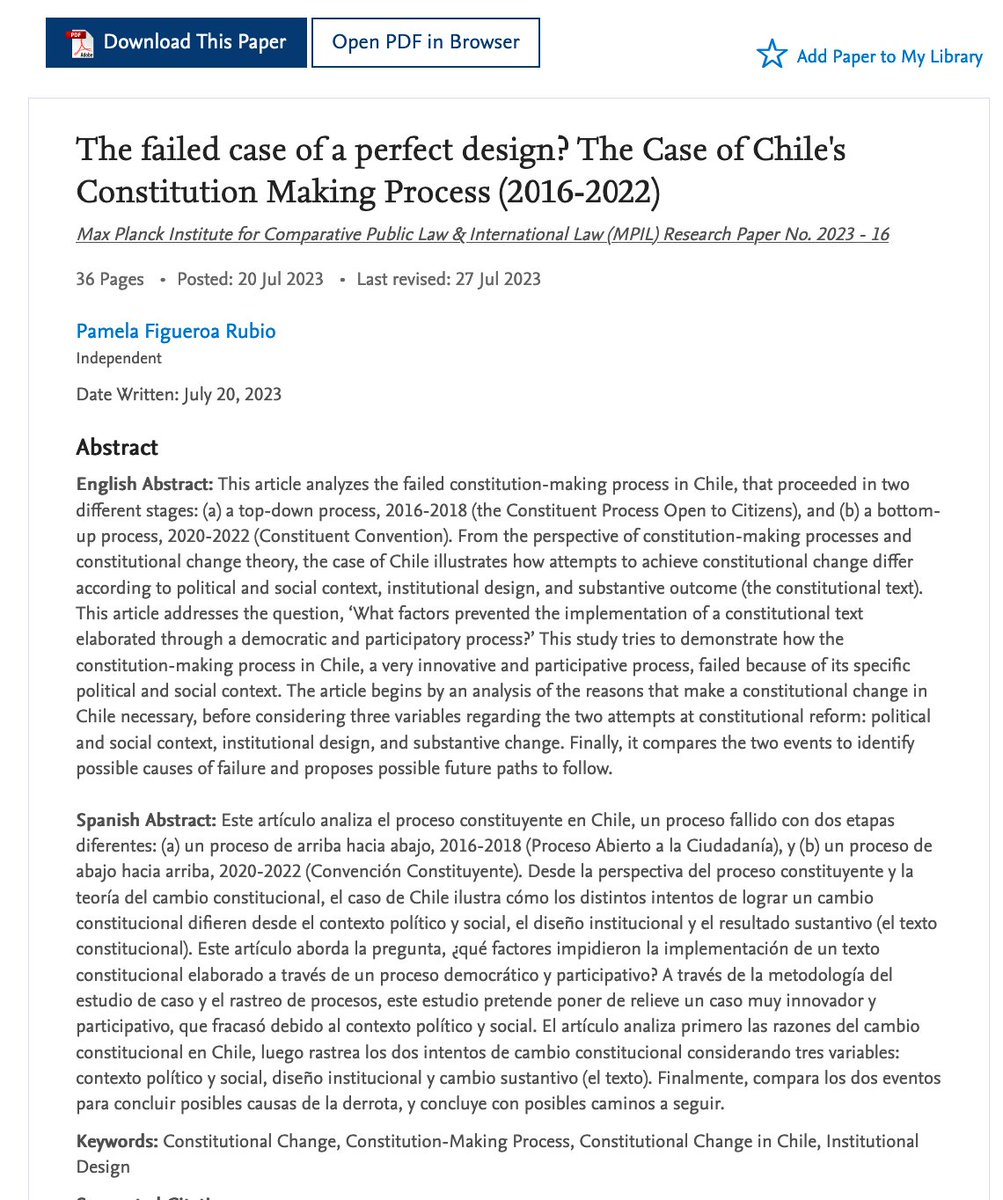 MPILheidelberg's tweet image. In #MPIL Research Paper Series No.2023-16 @pfigueroarubio analyzes the specific political and social context of the failed #constitutionmaking process in #Chile and proposes possible future paths to follow.
#ChileanConstitution
👉bit.ly/3s8nppy